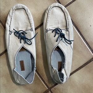 OluKai canvas Light Tan Loafers with Blue Laces